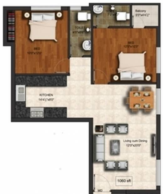 VJS Associates The Monarch Floor Plan (2BHK+2T (1,060 sq ft) 1060 sq ft)