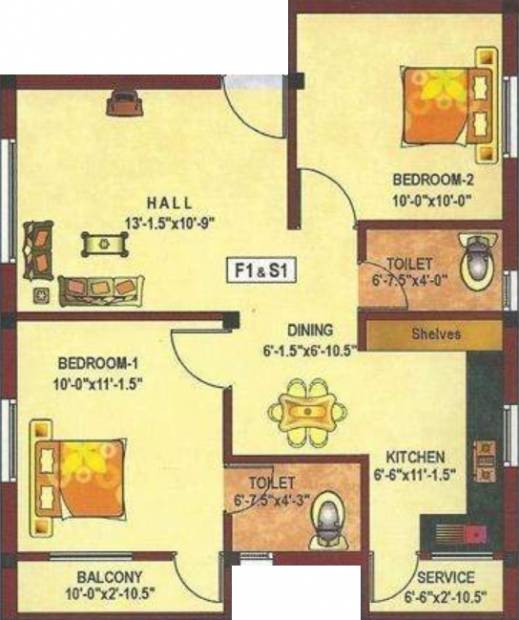 Anjaneyaa Deluxe Apartments Floor Plan (2BHK+2T (862 sq ft) 862 sq ft)