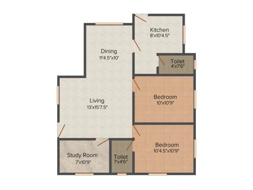 Haddy Orange (2BHK+2T (850 sq ft) + Study Room 850 sq ft)