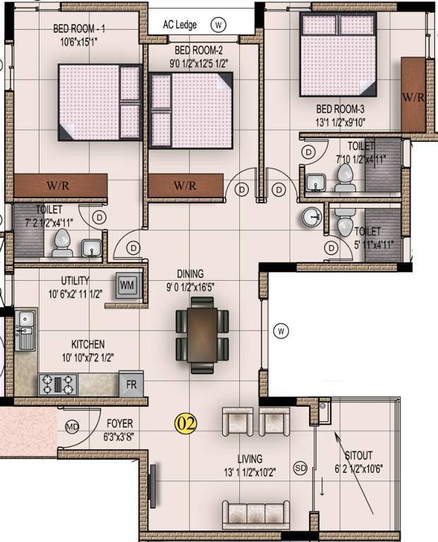 Mahindra Iris Court (3BHK+3T (1,401 sq ft) 1401 sq ft)