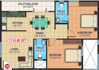 BM Rose Wood (2BHK+2T (1,115 sq ft) 1115 sq ft)