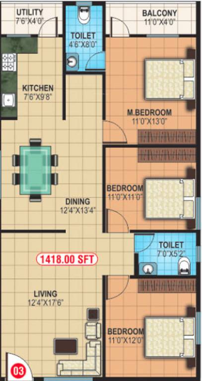 BM Rose Wood (3BHK+2T (1,418 sq ft) 1418 sq ft)