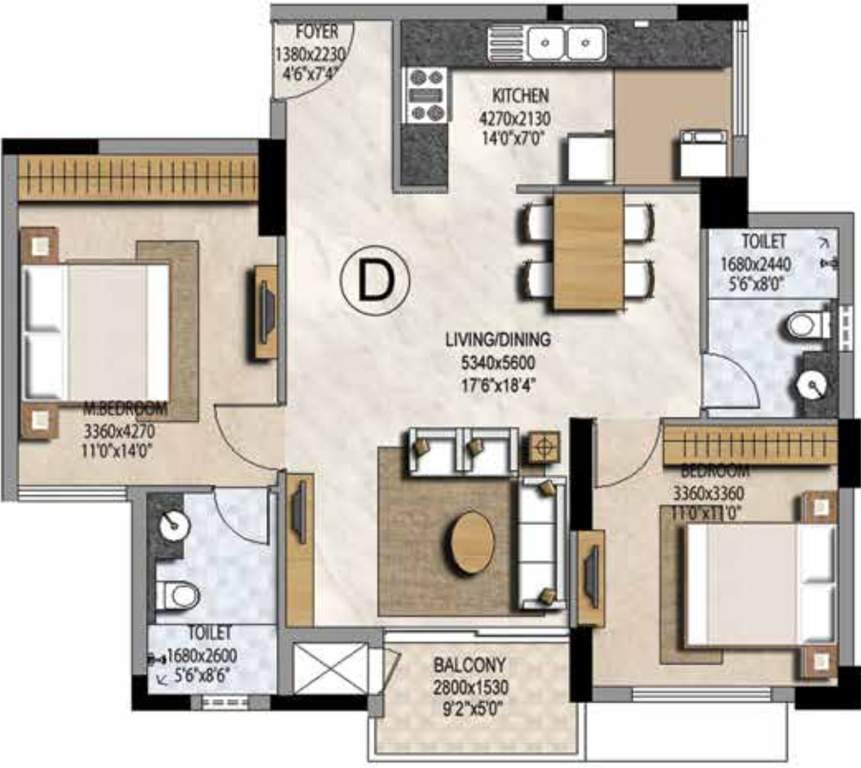 Prestige Misty Waters (2BHK+2T (1,141 sq ft) 1141 sq ft)
