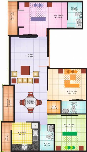 Bhumika Builders Grande Floor Plan (3BHK+3T (1,250 sq ft) 1250 sq ft)