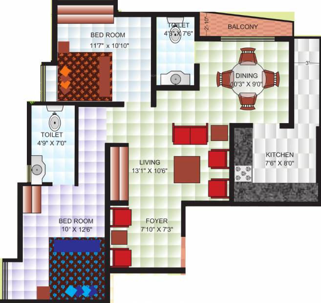 Bhumika Builders Pride Floor Plan (2BHK+2T (1,000 sq ft) 1000 sq ft)