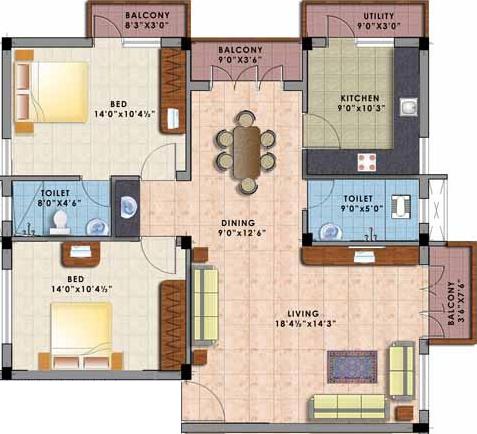 Abhimanyu Garden Housing Palm Castle Floor Plan (2BHK+2T (1,350 sq ft) 1350 sq ft)