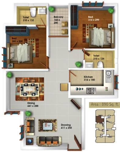 Jewel Oak Field (2BHK+2T (890 sq ft) 890 sq ft)