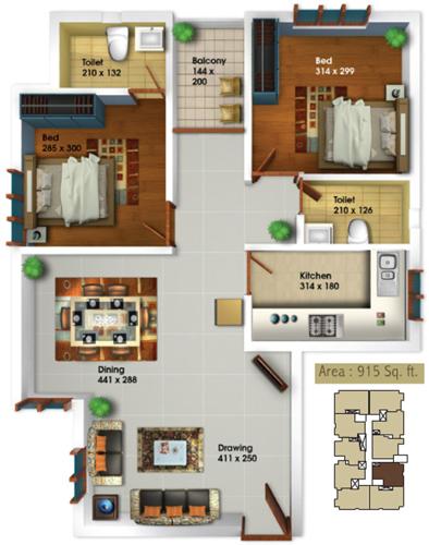 Jewel Oak Field (2BHK+2T (915 sq ft) 915 sq ft)