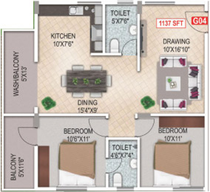 Aashrayaa Eternia (2BHK+2T (1,137 sq ft) 1137 sq ft)