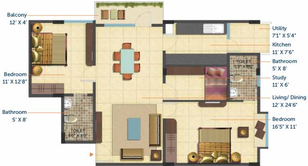 Cumins Estates Cedar Woods Floor Plan (2BHK+2T (1,250 sq ft) 1250 sq ft)