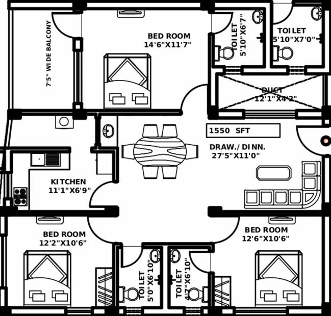 Jaya Cube Residency (3BHK+3T (1,550 sq ft) 1550 sq ft)