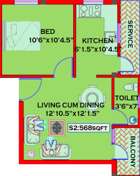 KP Construction Santhoshema Floor Plan (1BHK+1T (568 sq ft) 568 sq ft)