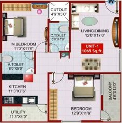 i1 SLR Comforts (2BHK+2T (1,065 sq ft) 1065 sq ft)