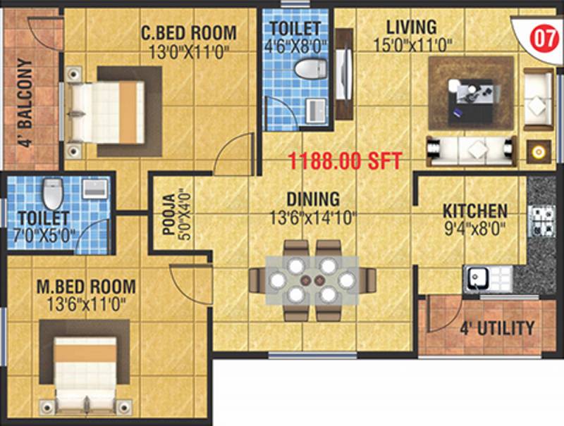 MBM Kamalanand Residency (2BHK+2T (1,188 sq ft)   Pooja Room 1188 sq ft)
