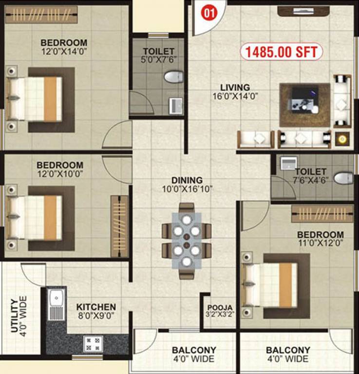 MBM Elegance (3BHK+2T (1,485 sq ft)   Pooja Room 1485 sq ft)