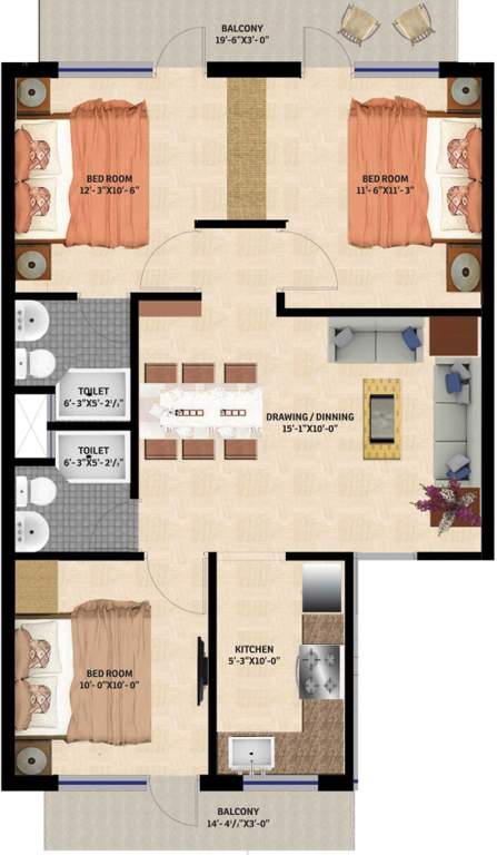 GBP Eco Greens Floors (3BHK+2T (958 sq ft) 958 sq ft)
