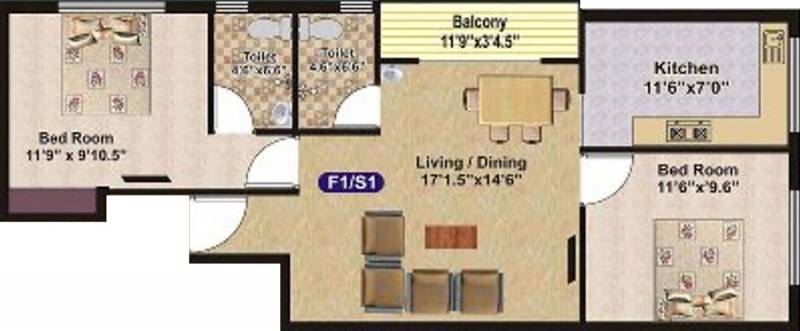 Vikaan Shelters Sree Kesav Floor Plan (2BHK+2T (921 sq ft) 921 sq ft)