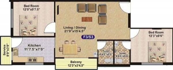 Vikaan Shelters Sree Kesav Floor Plan (2BHK+2T (1,018 sq ft) 1018 sq ft)