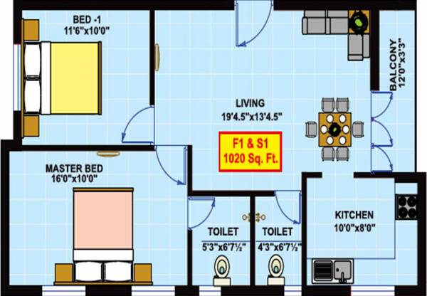 Vikaan Shelters Emerald Park Floor Plan (2BHK+2T (1,020 sq ft) 1020 sq ft)