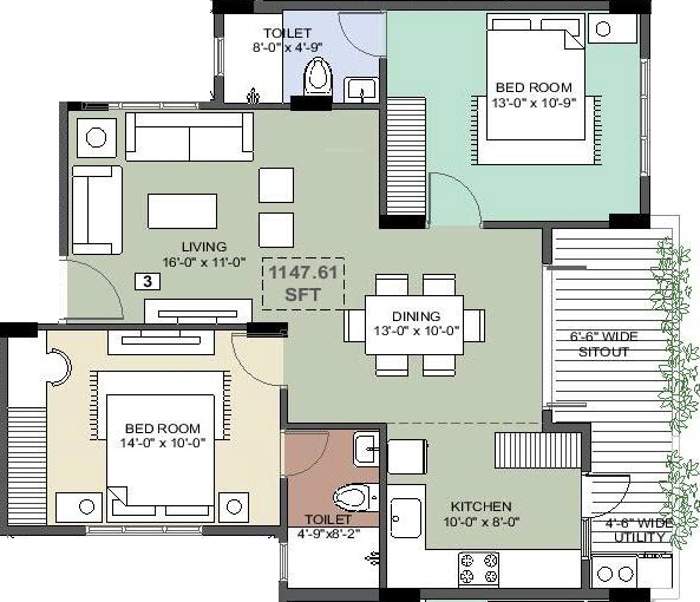 Vision Pride (2BHK+2T (1,147 sq ft) 1147 sq ft)