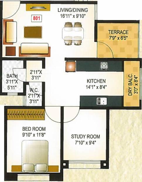 Mont Vert Blue Bells (1BHK+1T (822 sq ft)   Study Room 822 sq ft)