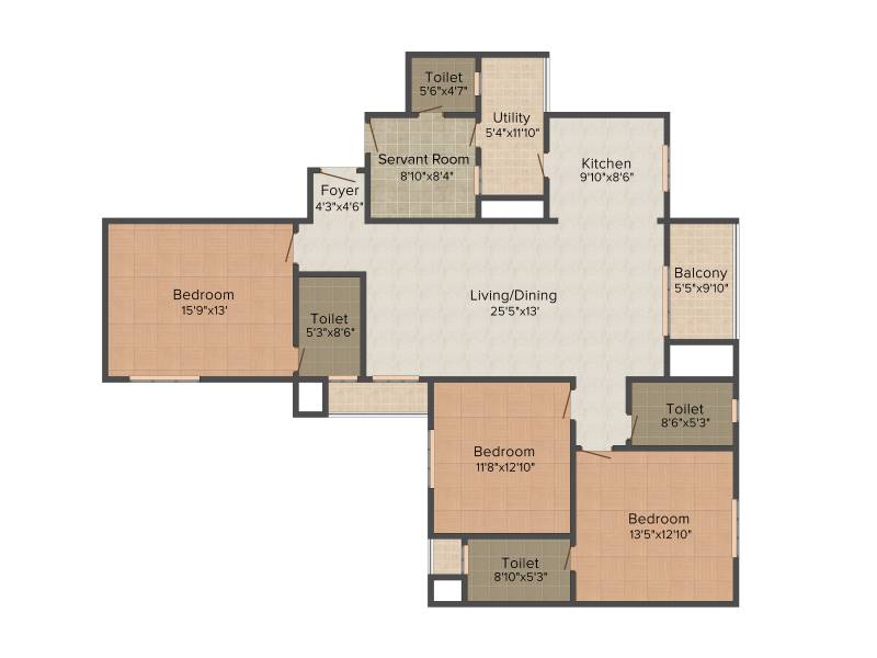 1550 sq ft 3 BHK Floor Plan Image Sobha Limited Forest