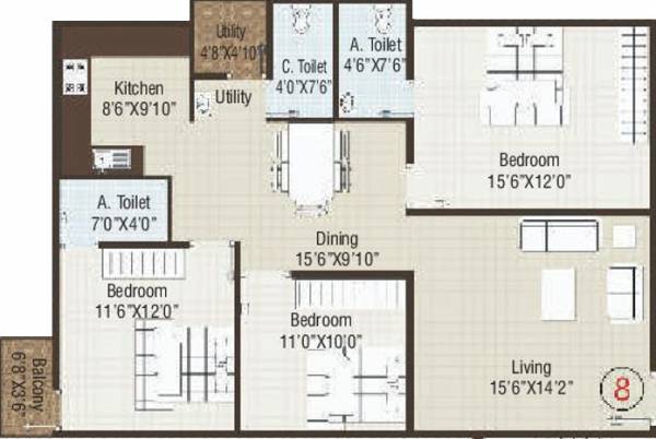 Abhee Builders Elite Unique Floor Plan (3BHK+3T (1,455 sq ft) 1455 sq ft)