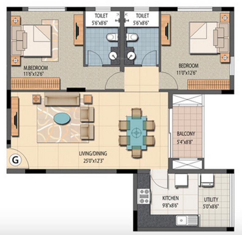Prestige Sunnyside (2BHK+2T (1,274 sq ft) 1274 sq ft)