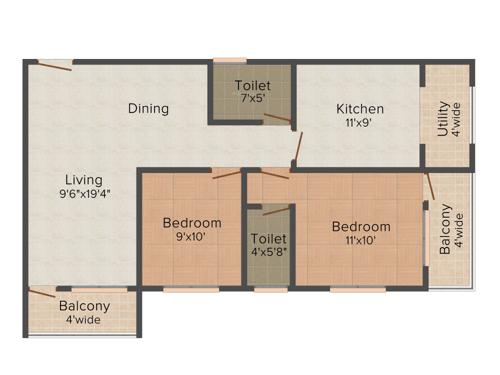 Land Hill Point 2 (2BHK+2T (950 sq ft) 950 sq ft)