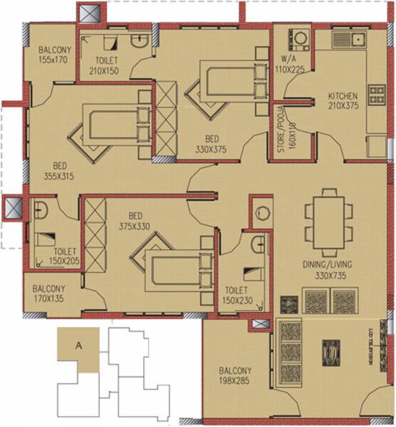 Royal Projects Group Dream Floor Plan (3BHK+3T (1,300 sq ft) + Pooja Room 1300 sq ft)