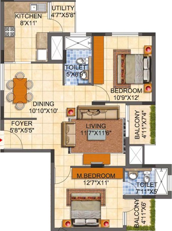 MJR Pearl (2BHK+2T (1,185 sq ft) 1185 sq ft)