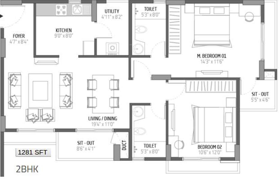 Goyal Orchid Lakeview (2BHK+2T (1,281 sq ft) 1281 sq ft)