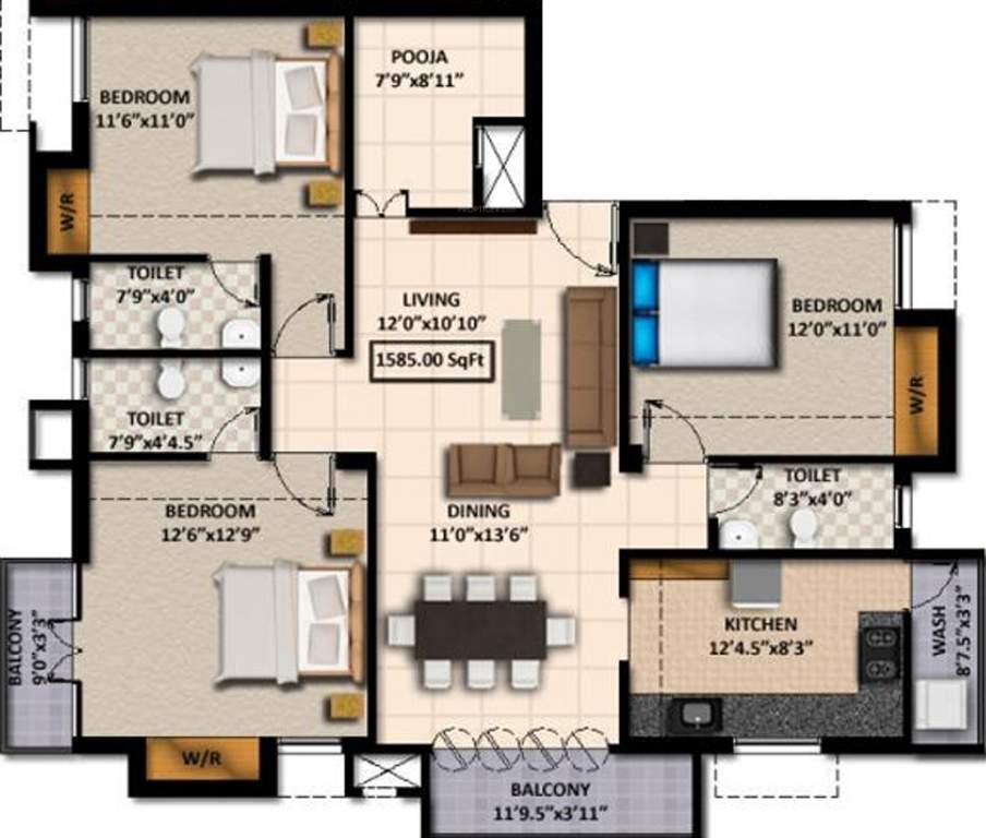 Kriya Sai Sudha (3BHK+3T (1,585 sq ft) + Pooja Room 1585 sq ft)