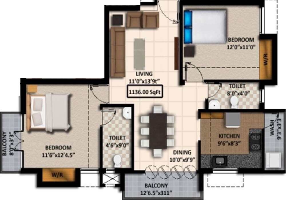 Kriya Sai Sudha (2BHK+2T (1,136 sq ft) 1136 sq ft)