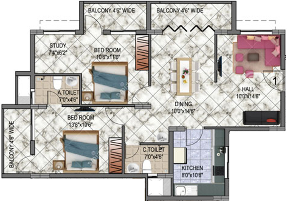 Guardian Infrastructure Shanthala Aashiyana C and D Floor Plan (2BHK+2T (1,395 sq ft) + Study Room 1395 sq ft)