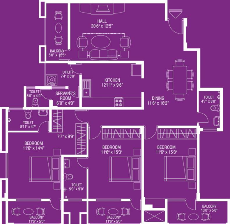 Premier Royale Floor Plan (3BHK+4T (2,110 sq ft)   Servant Room 2110 sq ft)