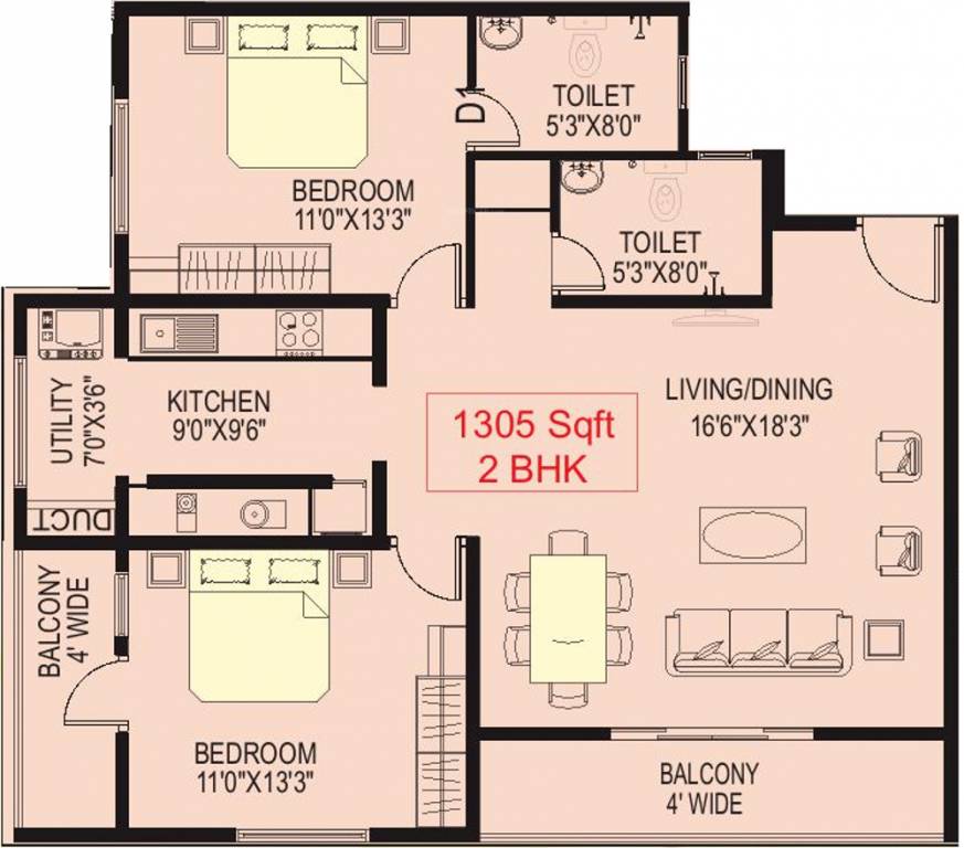 Kirthi Solitaire (2BHK+2T (1,305 sq ft) 1305 sq ft)