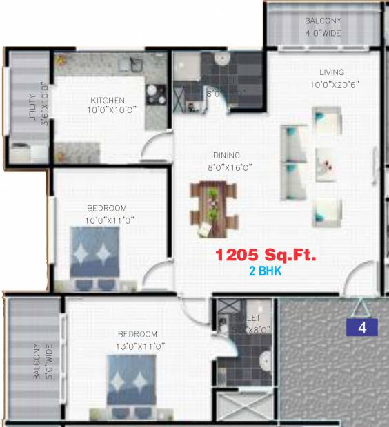 Sharada Residency (2BHK+2T (1,205 sq ft) 1205 sq ft)