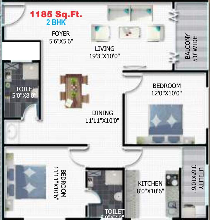 Sharada Residency (2BHK+2T (1,185 sq ft) 1185 sq ft)