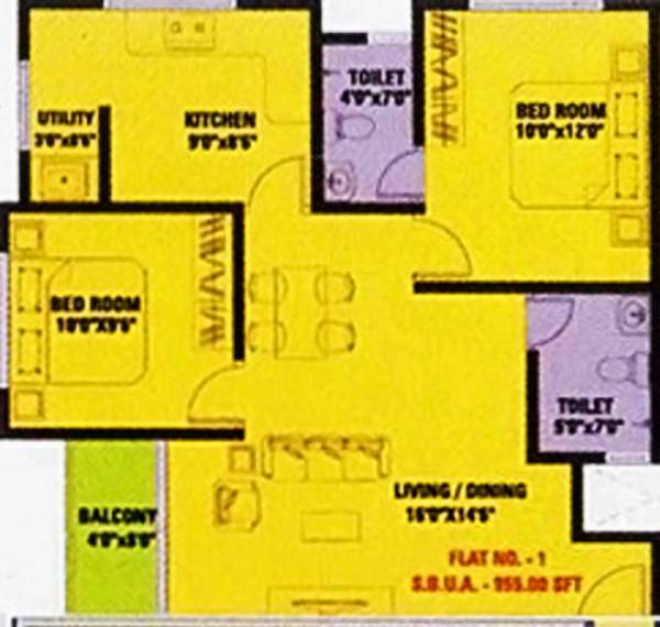 Priyadarshini Builders And Developers Enclave Floor Plan (2BHK+2T (955 sq ft) 955 sq ft)