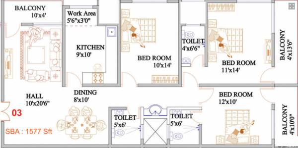 Theertha Violet (3BHK+3T (1,577 sq ft) 1577 sq ft)