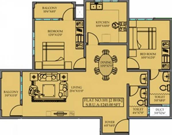 Priyadarshini Krishna Residency (2BHK+2T (1,245 sq ft) 1245 sq ft)