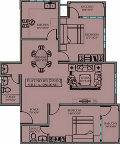 Priyadarshini Krishna Residency (2BHK+2T (1,286 sq ft) 1286 sq ft)