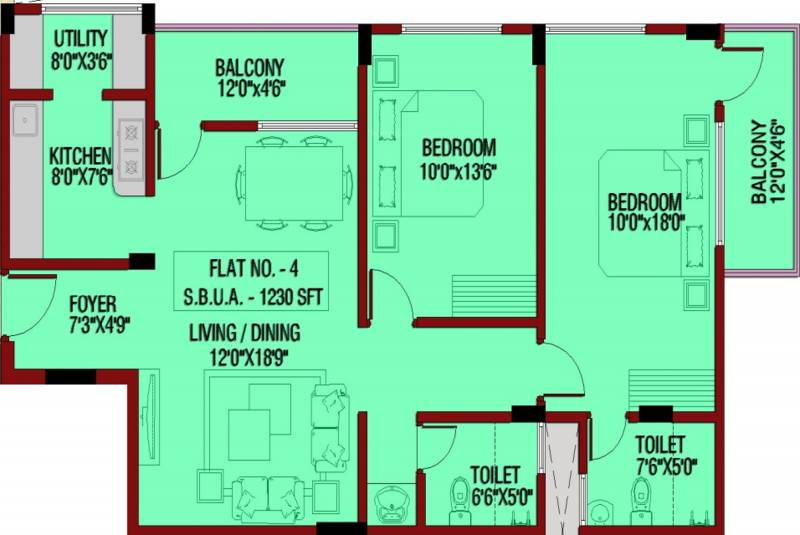 Archana Projects Little Floor Plan (2BHK+2T (1,230 sq ft) 1230 sq ft)