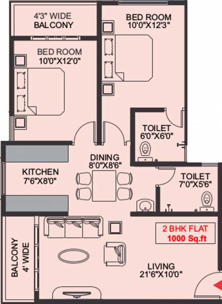 Floor Plan (2BHK+2T (1,000 sq ft) 1000 sq ft) Bharath Developers Shree Ranga Floor Plan (2BHK+2T (1,000 sq ft) 1000 sq ft)