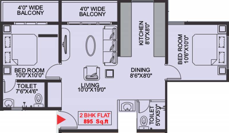 Bharath Developers Shree Ranga Floor Plan (2BHK+2T (895 sq ft) 895 sq ft)