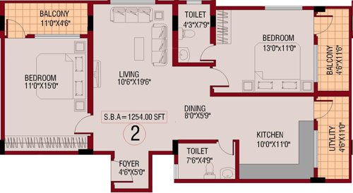 Sagri Builders And Developers Om Vihar Floor Plan (2BHK+2T (1,254 sq ft) 1254 sq ft)