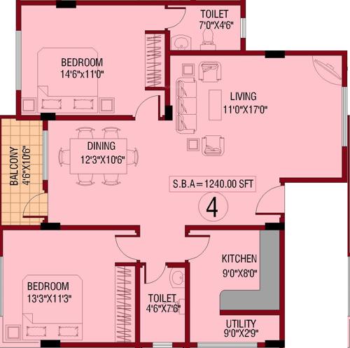 Sagri Builders And Developers Om Vihar Floor Plan (2BHK+2T (1,240 sq ft) 1240 sq ft)