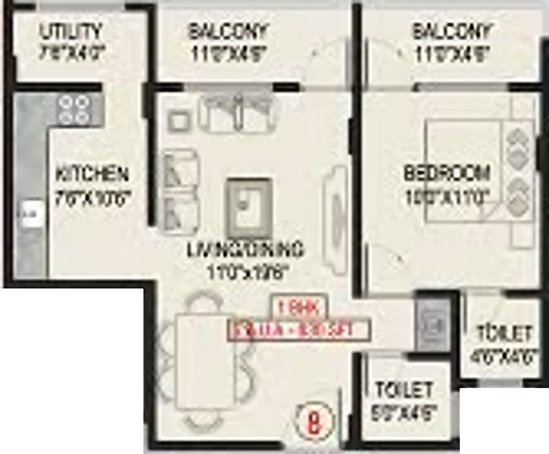 RSB Windsor (1BHK+1T (830 sq ft) 830 sq ft)