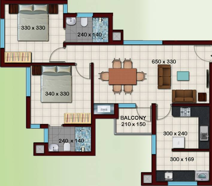 Crescent Builders Iris Floor Plan (2BHK+2T (1,124 sq ft) 1124 sq ft)